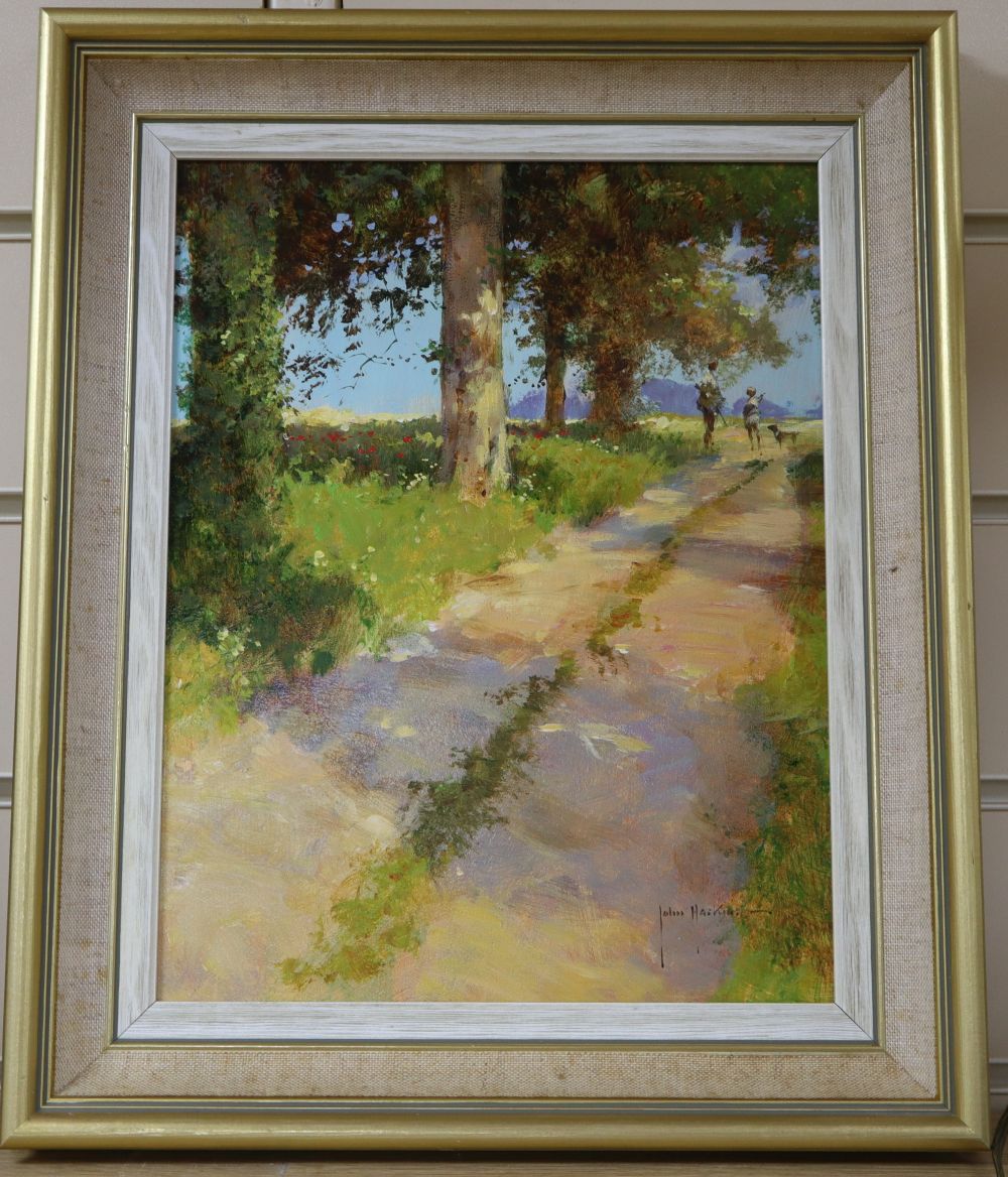 John Haskins (1938-), oil on board, Sportsman on a country lane, signed, 29 x 22cm